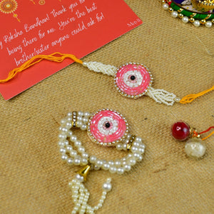 Mayii Exquisite Pink Circle Rakhi Pack of 2 with Roli Chawal and Greeting card combo for Raksha Bandhan and Gifting - Mayii - Mayii