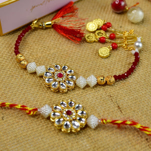 Mayii Exquisite Red Centre Flower Rakhi Pack of 2 with Roli Chawal and Greeting card combo for Raksha Bandhan and Gifting - Mayii - Mayii
