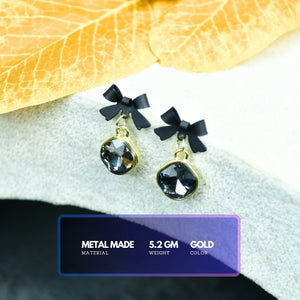 MAYII - Gold Black Stainless Steel Crystal Ribbon Earrings - One Size - Mayii - Mayii