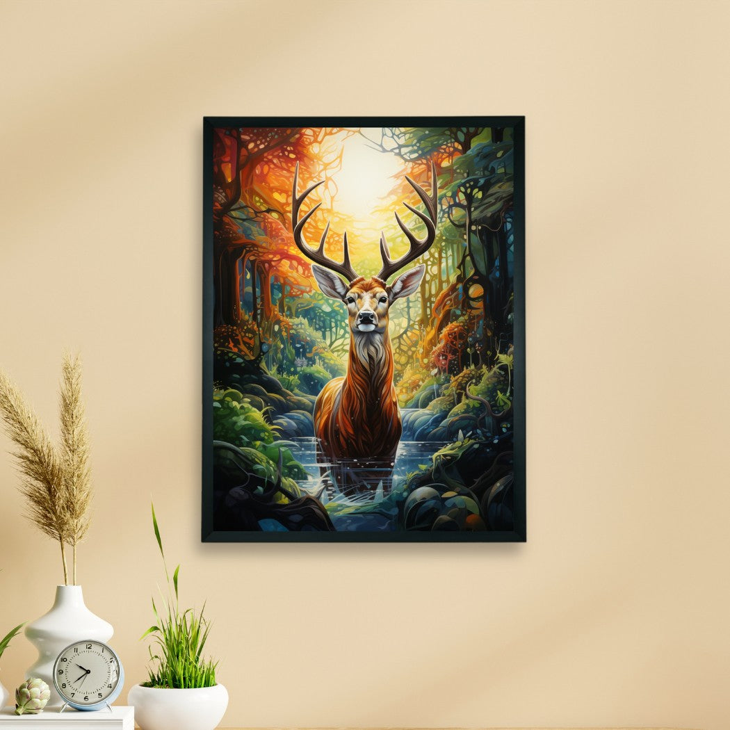 Modern wall decorations for home featuring a framed vibrant deer painting in a forest scene on beige wall