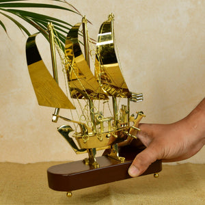 MAYII brass ship decor on wooden base table top with detailed sails and rigging