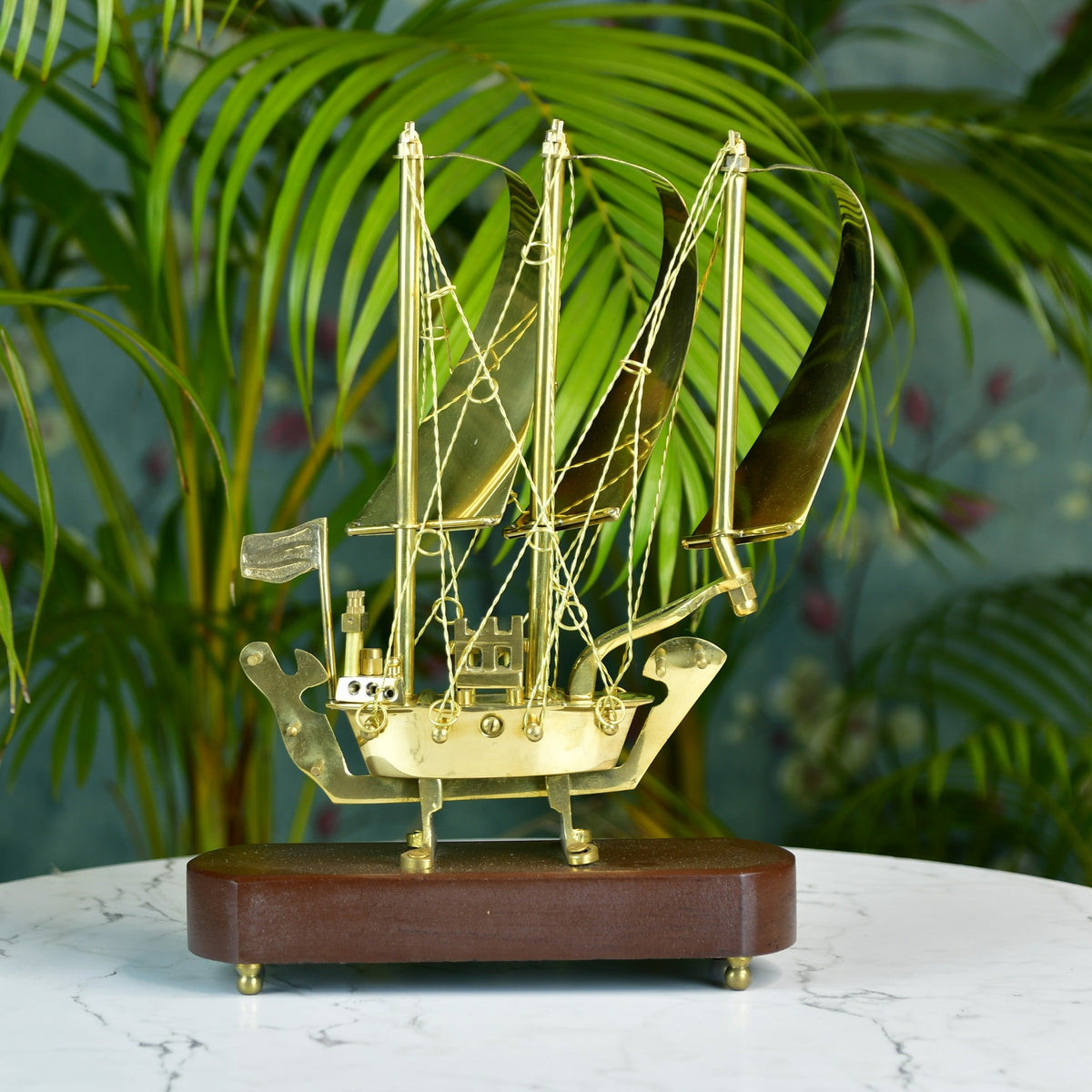 MAYII brass ship decor tabletop model with detailed sails and wooden base for nautical home accents