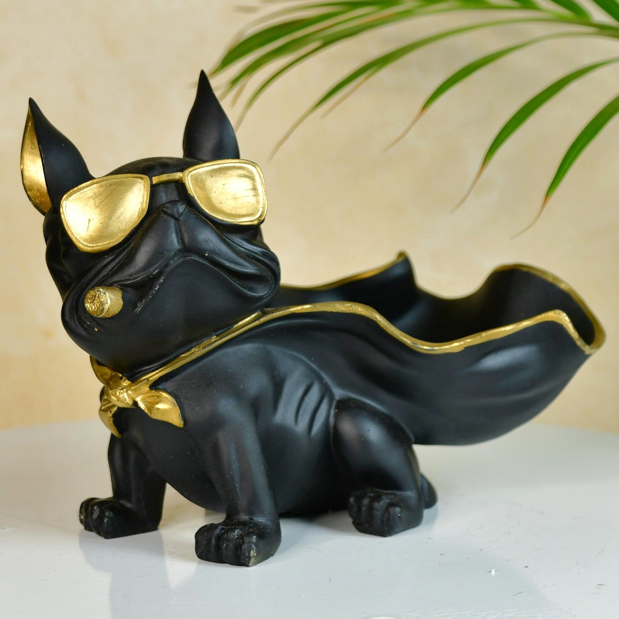 MAYII tabletop cape dog figurine decor in black with gold sunglasses cape and cigar detail