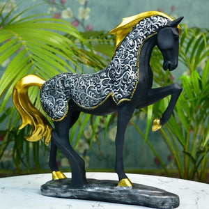 MAYII decorative horse sculpture for home with black body and ornate silver and gold detailing