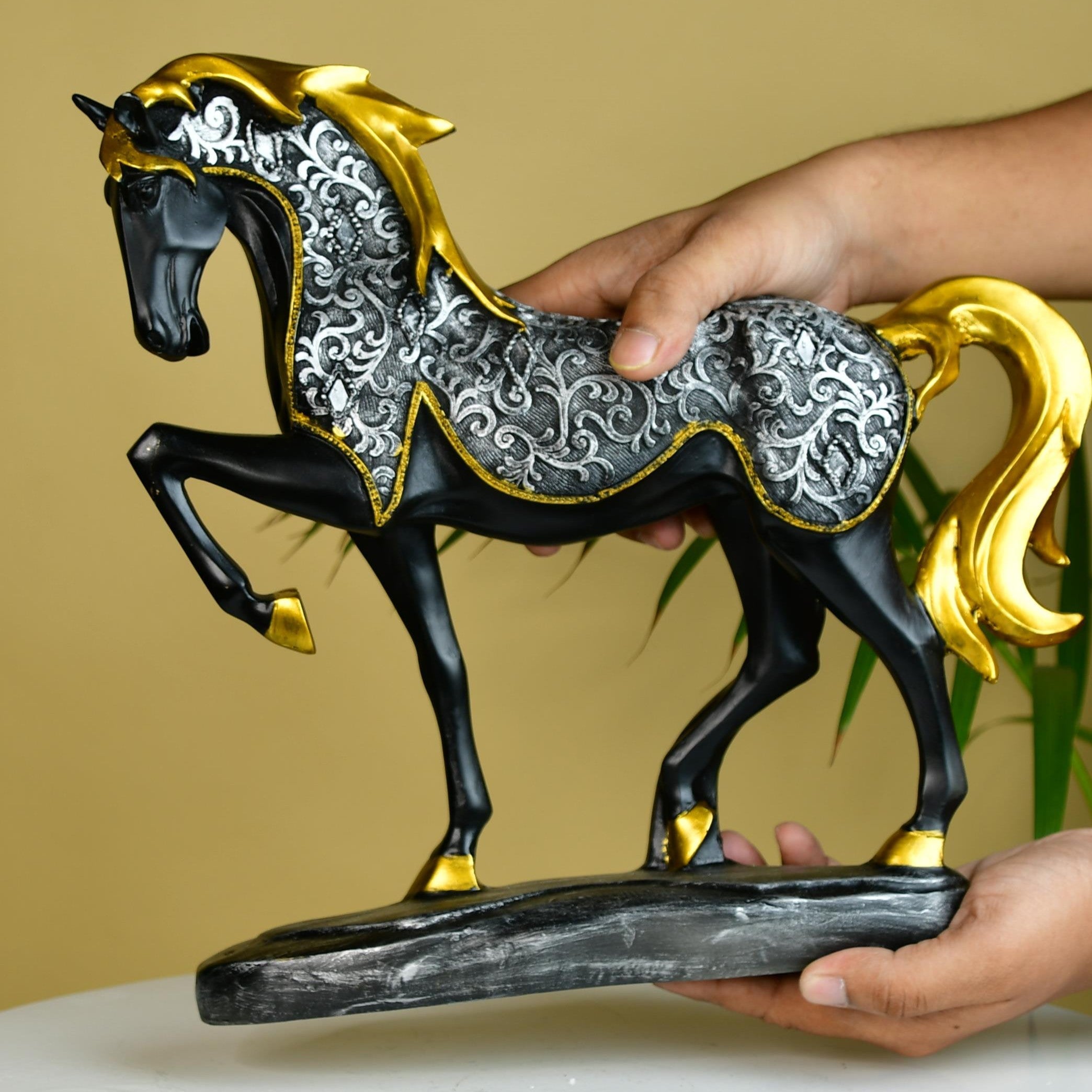 MAYII tabletop decorative horse sculpture for home in black gold and silver with ornate design