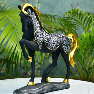 MAYII tabletop decorative horse sculpture for home with black body and gold and silver ornate detailing