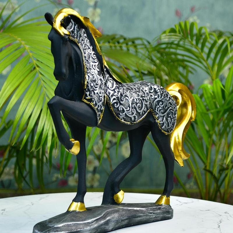 MAYII tabletop decorative horse sculpture for home with black body and gold and silver ornate detailing
