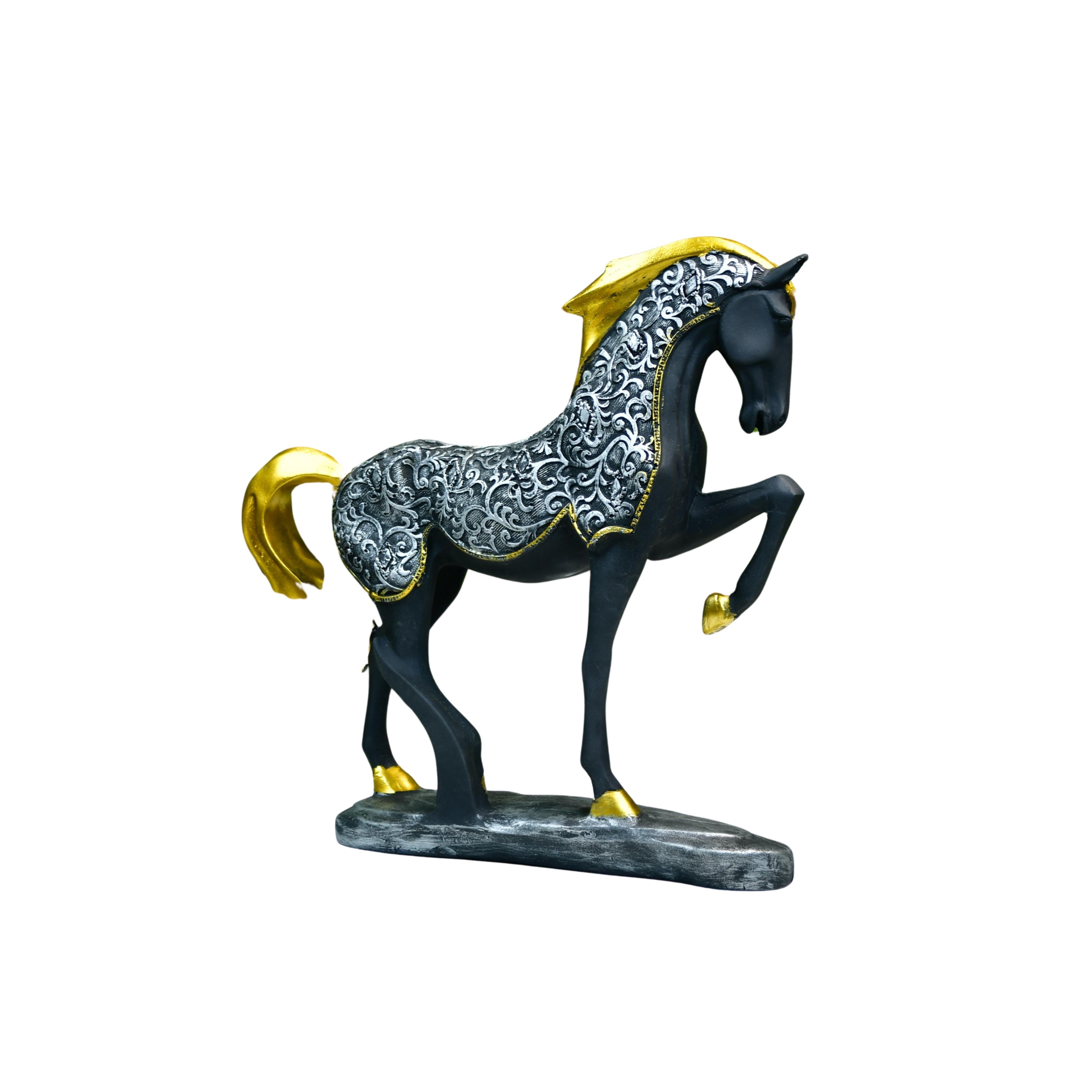 MAYII decorative horse sculpture for home in black with gold accents and intricate silver patterns