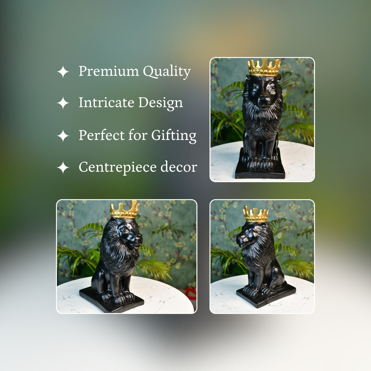 Luxury lion showpiece decor by MAYII in black with gold crown tabletop centerpiece