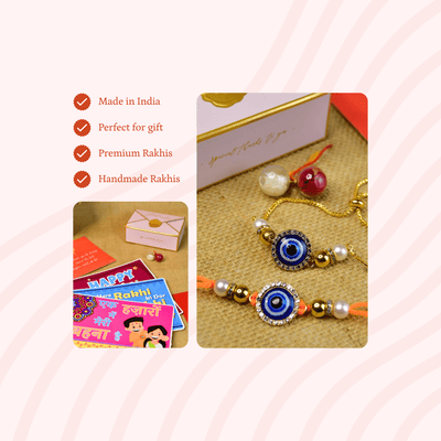 Mayii Exquisite Evil Eye Rakhi Pack of 2 with Roli Chawal and Greeting card combo for Raksha Bandhan and Gifting
