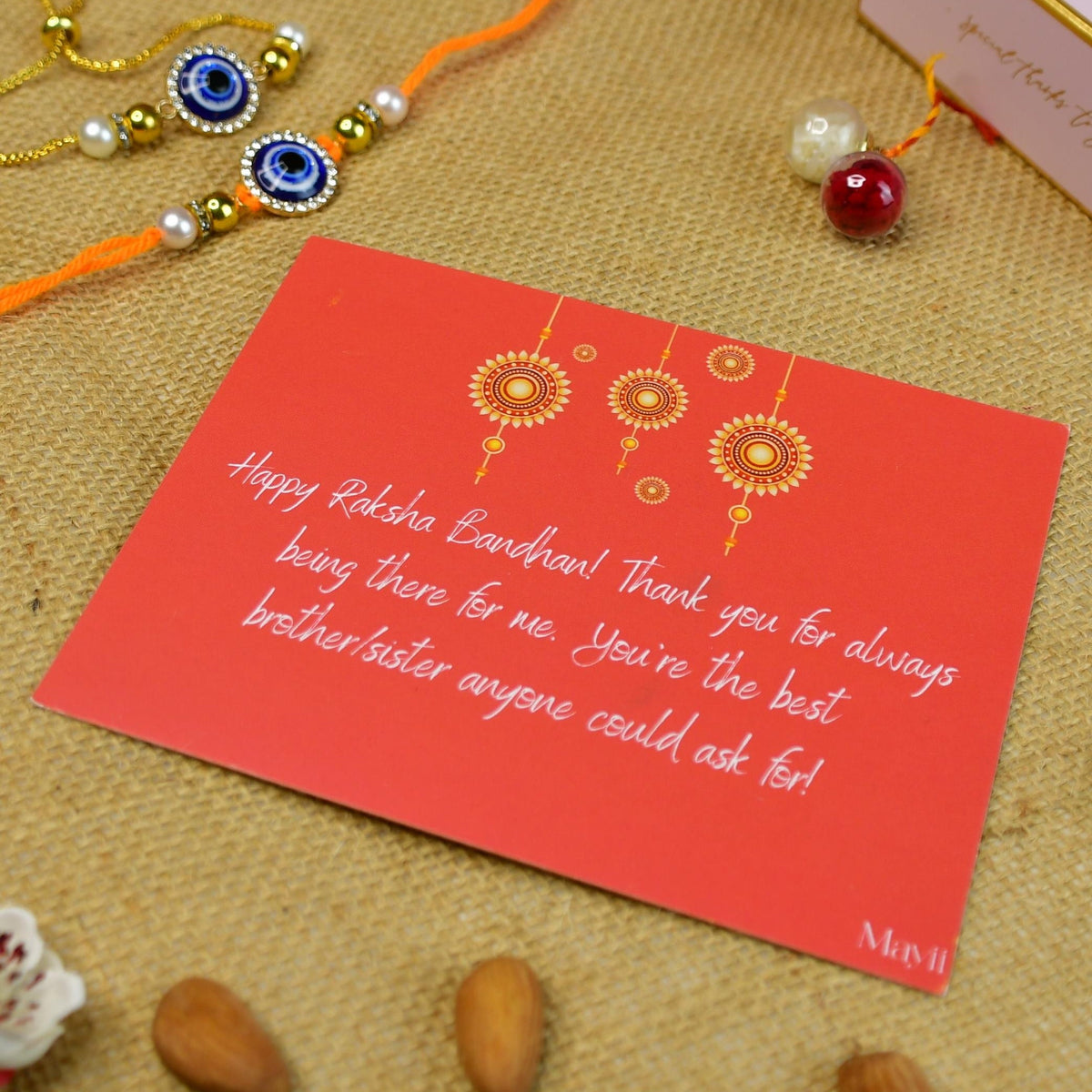 Mayii Exquisite Evil Eye Rakhi Pack of 2 with Roli Chawal and Greeting card combo for Raksha Bandhan and Gifting - Mayii - Mayii