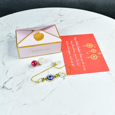 Mayii Exquisite Evil Eye Rakhi Pack of 2 with Roli Chawal and Greeting card combo for Raksha Bandhan and Gifting