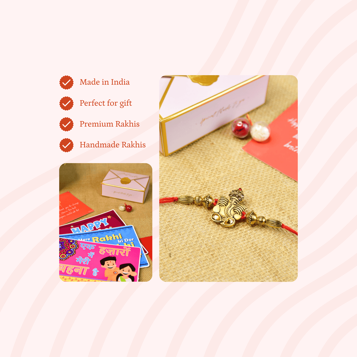 Mayii Exquisite Golden Ganesha Rakhi Pack of 1 with Roli Chawal and Greeting card combo for Raksha Bandhan and Gifting - Mayii - Mayii