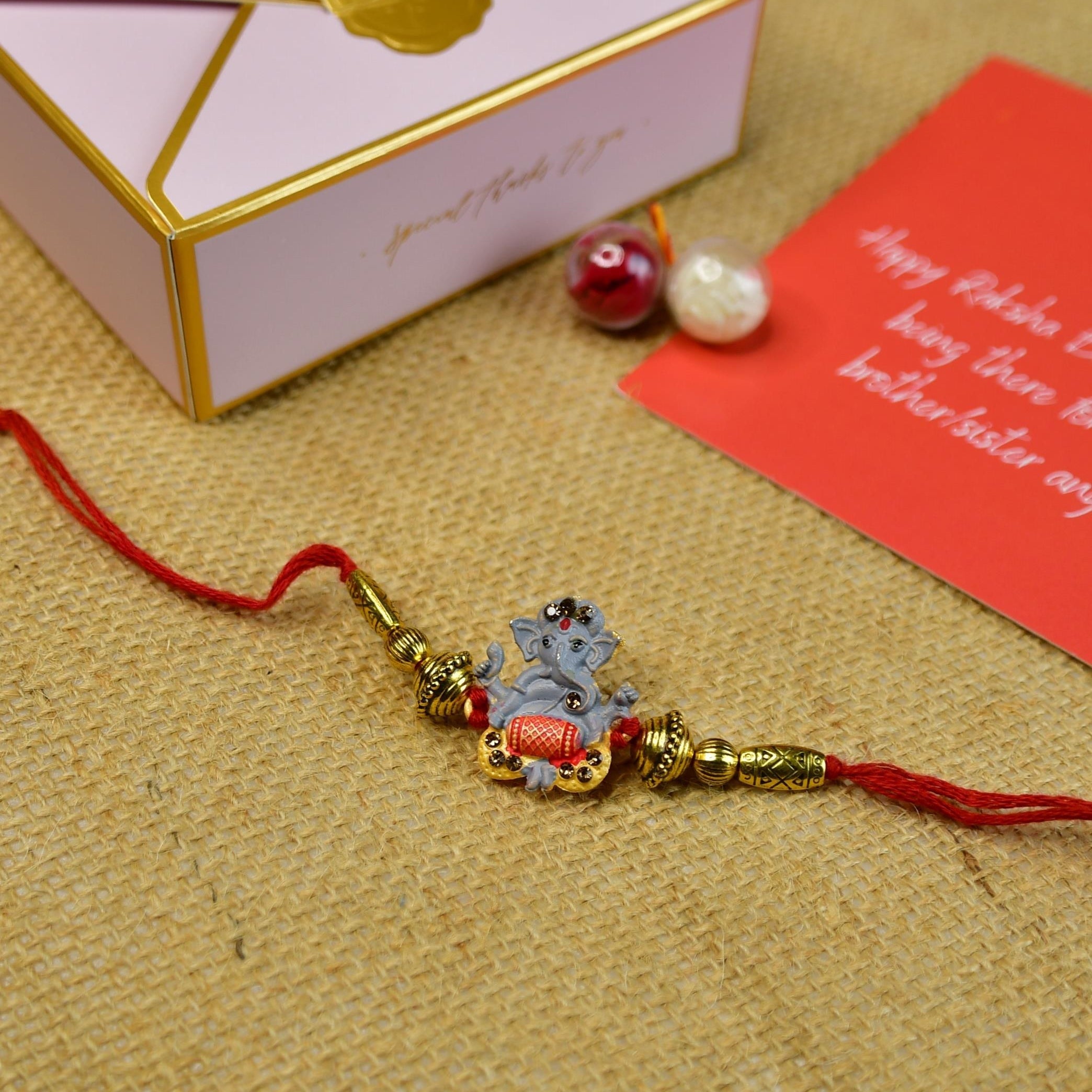 Mayii Exquisite Grey Ganesha Rakhi Pack of 1 with Roli Chawal and Greeting card combo for Raksha Bandhan and Gifting - Mayii - Mayii