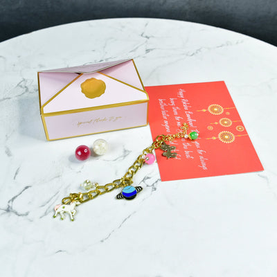 Mayii Exquisite Metal Abstract Rakhi Pack of 1 with Roli Chawal and Greeting card combo for Raksha Bandhan and Gifting