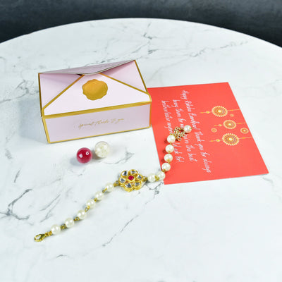 Mayii Exquisite Pearl Rakhi Pack of 1 with Roli Chawal and Greeting card combo for Raksha Bandhan and Gifting