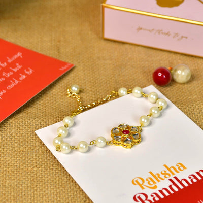 Mayii Exquisite Pearl Rakhi Pack of 1 with Roli Chawal and Greeting card combo for Raksha Bandhan and Gifting