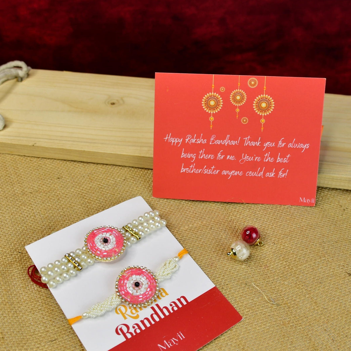 Mayii Exquisite Pink Circle Rakhi Pack of 2 with Roli Chawal and Greeting card combo for Raksha Bandhan and Gifting - Mayii - Mayii