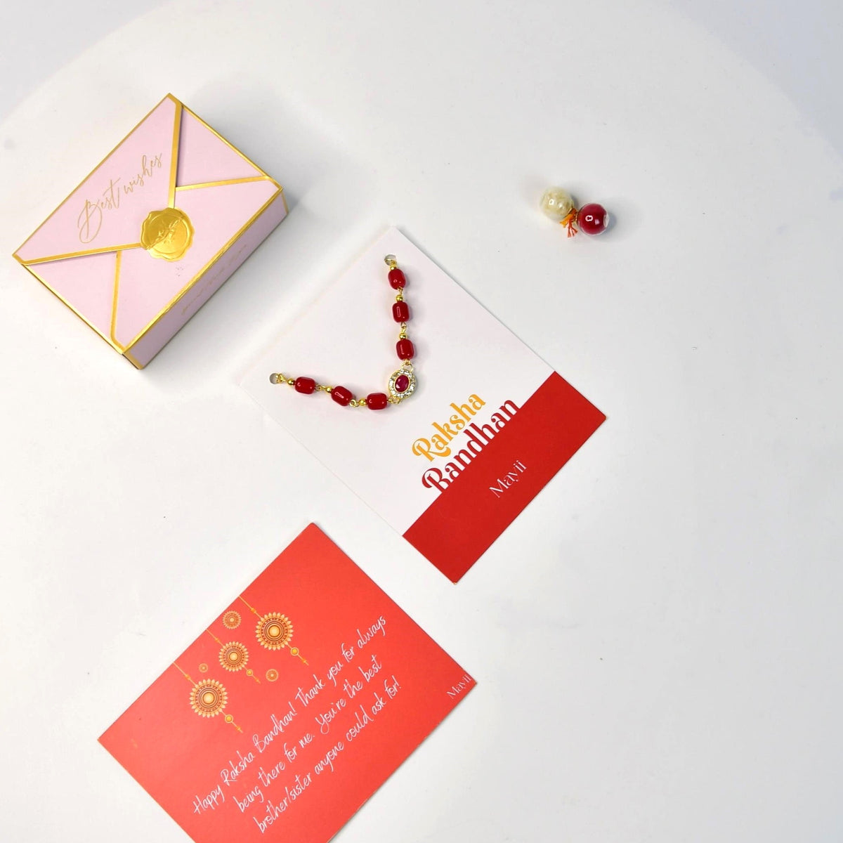 Mayii Exquisite Red Beads Rakhi Pack of 1 with Roli Chawal and Greeting card combo for Raksha Bandhan and Gifting - Mayii - Mayii