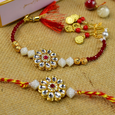 Mayii Exquisite Red Centre Flower Rakhi Pack of 2 with Roli Chawal and Greeting card combo for Raksha Bandhan and Gifting