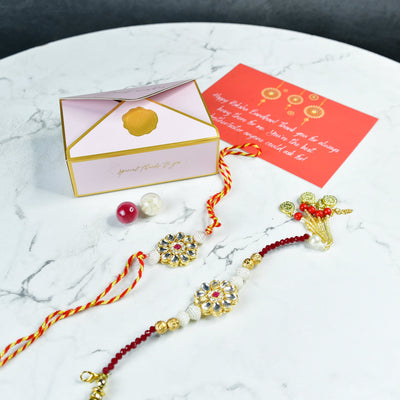 Mayii Exquisite Red Centre Flower Rakhi Pack of 2 with Roli Chawal and Greeting card combo for Raksha Bandhan and Gifting