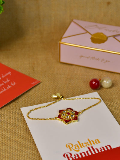 Mayii Exquisite Red Flower Rakhi Pack of 1 with Roli Chawal and Greeting card combo for Raksha Bandhan and Gifting