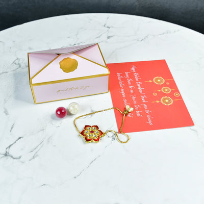 Mayii Exquisite Red Flower Rakhi Pack of 1 with Roli Chawal and Greeting card combo for Raksha Bandhan and Gifting