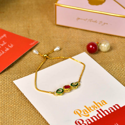 Mayii Exquisite Tri Red Green Rakhi Pack of 1 with Roli Chawal and Greeting card combo for Raksha Bandhan and Gifting image 4