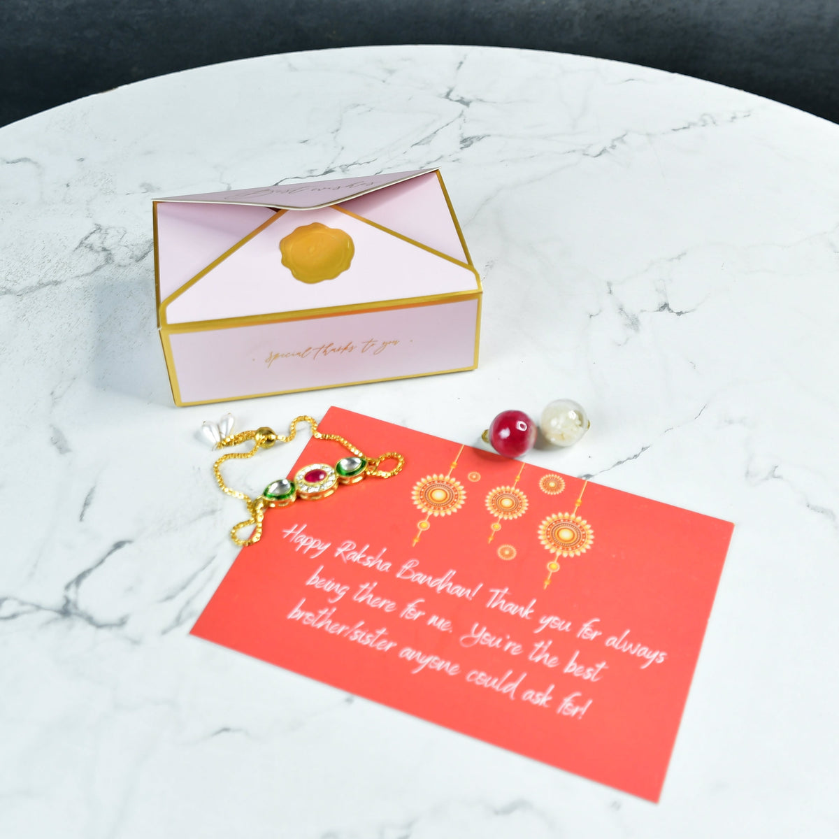 Mayii Exquisite Tri Red Green Rakhi Pack of 1 with Roli Chawal and Greeting card combo for Raksha Bandhan and Gifting - Mayii - Mayii