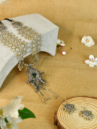 Mayii German Silver Necklace: Krishna Flute & Mor Pankh Design