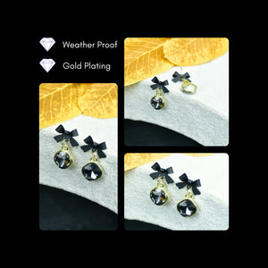 MAYII - Gold Black Stainless Steel Crystal Ribbon Earrings - One Size - Mayii - Mayii