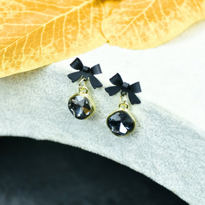 MAYII - Gold Black Stainless Steel Crystal Ribbon Earrings - One Size - Mayii - Mayii