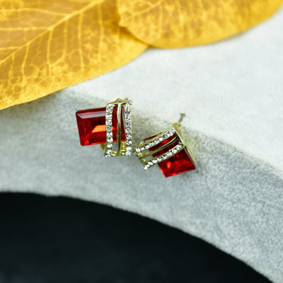 MAYII - Gold Red Stainless Steel Crystal Lining Earrings - One Size