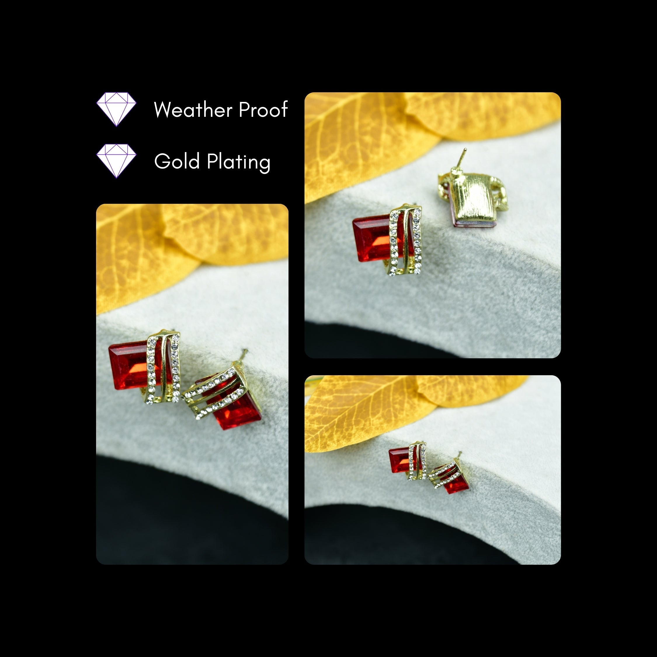 MAYII - Gold Red Stainless Steel Crystal Lining Earrings - One Size - Mayii - Mayii