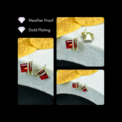 MAYII - Gold Red Stainless Steel Crystal Lining Earrings - One Size