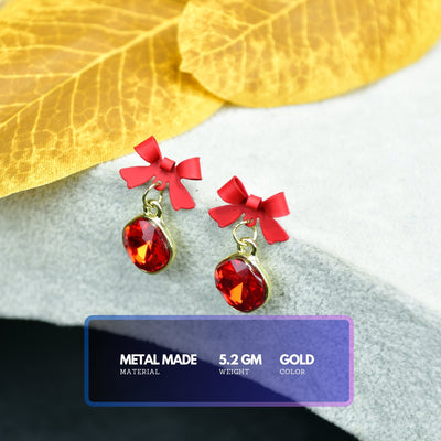 MAYII  - Gold Red Stainless Steel  Crystal Ribbon Earrings - One Size