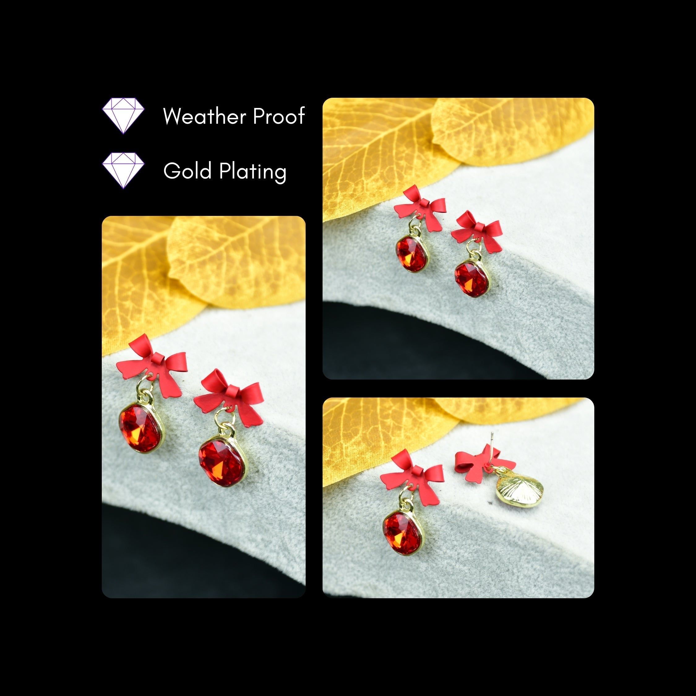 MAYII - Gold Red Stainless Steel Crystal Ribbon Earrings - One Size - Mayii - Mayii