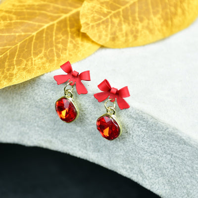MAYII  - Gold Red Stainless Steel  Crystal Ribbon Earrings - One Size