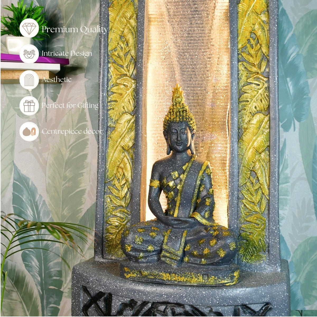 Mayii Golden Buddha Water Fountain – Elegant Buddha Sitting Against Tall Wall for Luxurious Home Decor & Gifts - MAYII - Mayii