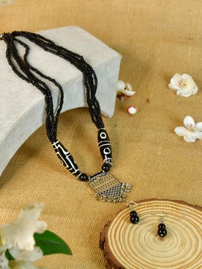 Mayii Handcrafted German Silver Necklace: Black Bead Pendant