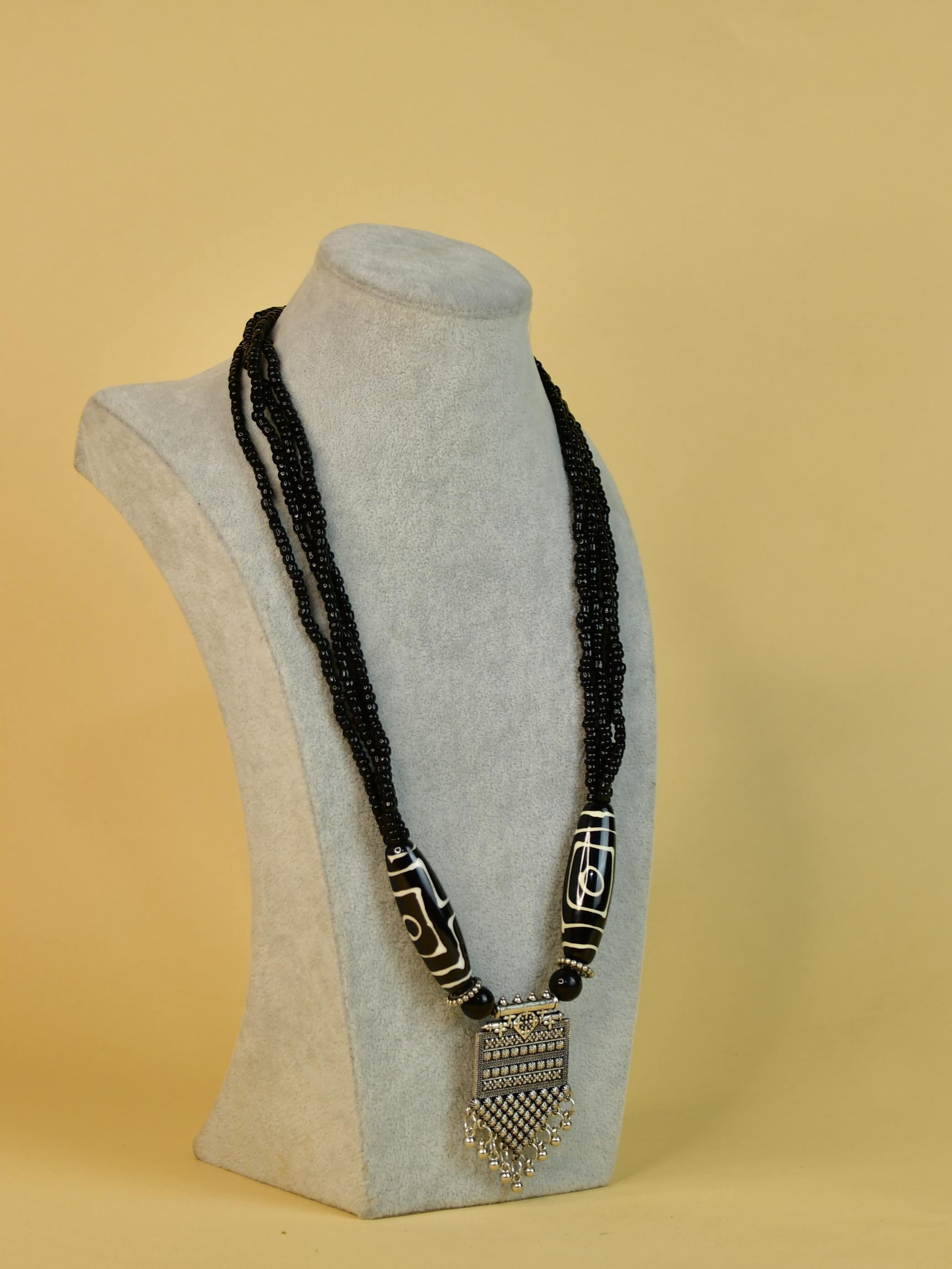 Mayii Handcrafted German Silver Necklace: Black Bead Pendant - Mayii - Mayii