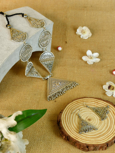 Mayii Handcrafted German Silver Necklace: Triangle & Tree Design
