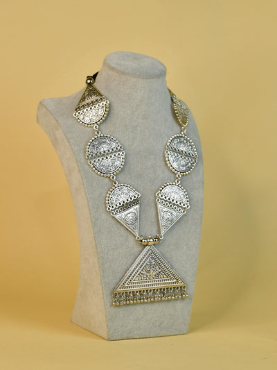 Mayii Handcrafted German Silver Necklace: Triangle & Tree Design
