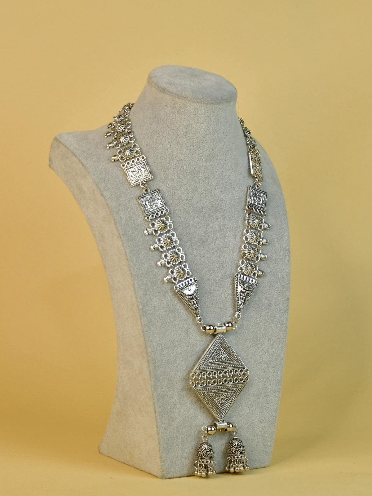 Mayii Handcrafted German Silver Rhombus Pendant with Dzi Beads - Mayii - Mayii