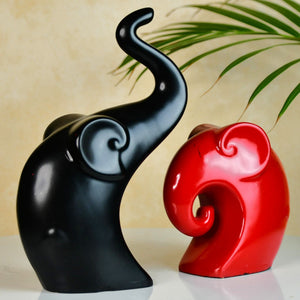 MAYII modern elephant decor set featuring black and red elegant tabletop sculptures with curved trunks