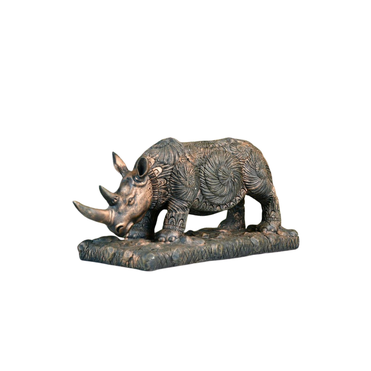 MAYII tabletop rhino home decor statue with intricate carved patterns in bronze finish